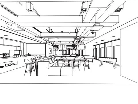 Interior outline sketch drawing perspective of a space office Stock Illustration