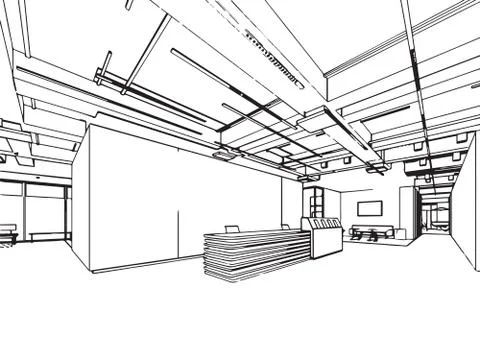 Interior outline sketch drawing perspective of a space office Stock Illustration