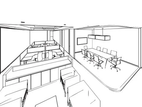 Interior outline sketch drawing perspective of a space office Stock Illustration