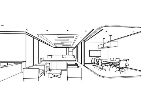 Interior outline sketch drawing perspective of a space office Stock Illustration