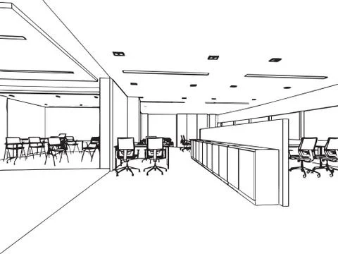 Interior outline sketch drawing perspective of a space office Stock Illustration