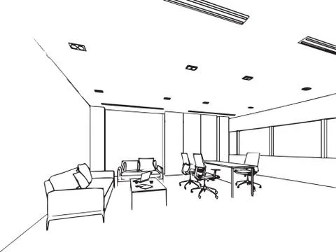 Interior outline sketch drawing perspective of a space office Stock Illustration