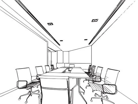 Interior outline sketch drawing perspective of a space office Stock Illustration