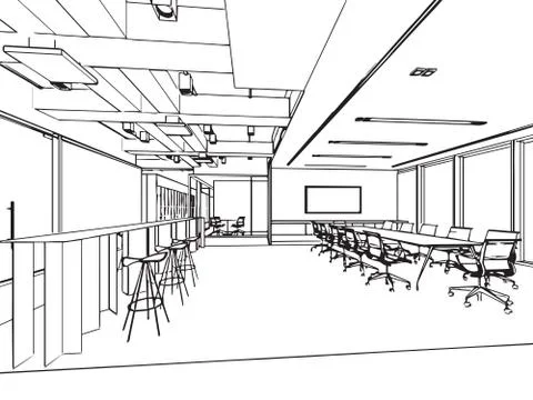 Interior outline sketch drawing perspective of a space office Stock Illustration