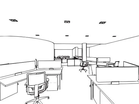 Interior outline sketch drawing perspective of a space office Stock Illustration