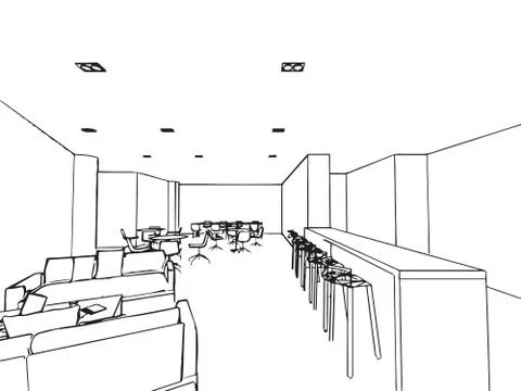 Interior outline sketch drawing perspective of a space office Stock Illustration