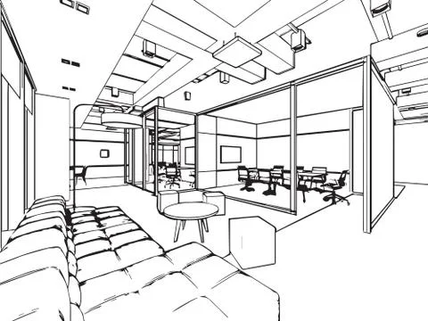 Interior outline sketch drawing perspective of a space office Stock Illustration