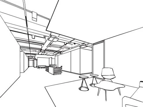 Interior outline sketch drawing perspective of a space office Stock Illustration