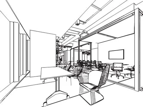 Interior outline sketch drawing perspective of a space office Stock Illustration