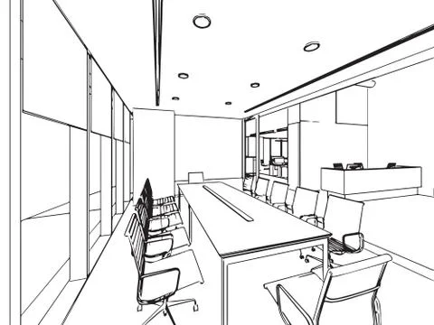 Interior outline sketch drawing perspective of a space office Stock Illustration