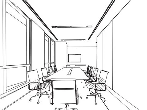 Interior outline sketch drawing perspective of a space office Stock Illustration