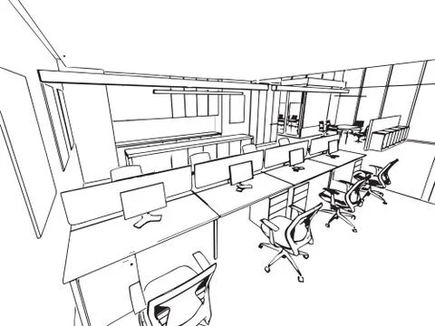 Interior outline sketch drawing perspective of a space office Stock Illustration
