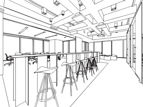 Interior outline sketch drawing perspective of a space office Stock Illustration