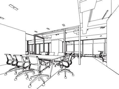 Interior outline sketch drawing perspective of a space office Stock Illustration
