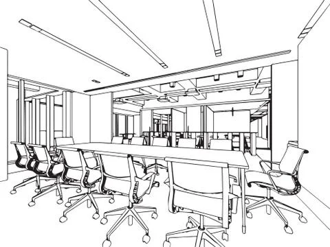 Interior outline sketch drawing perspective of a space office Stock Illustration