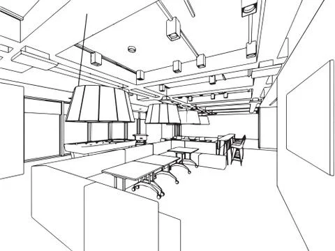 Interior outline sketch drawing perspective of a space office Stock Illustration