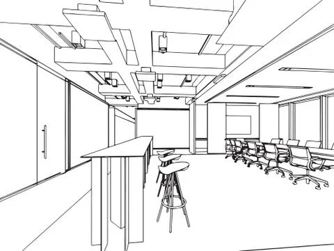Interior outline sketch drawing perspective of a space office Stock Illustration