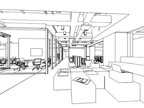 Interior outline sketch drawing perspective of a space office Stock Illustration
