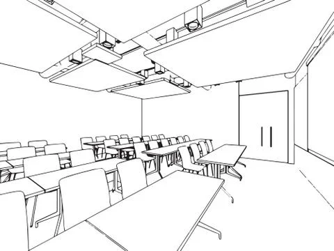 Interior outline sketch drawing perspective of a space office Stock Illustration