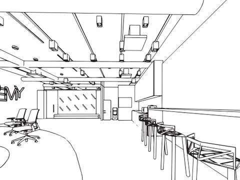 Interior outline sketch drawing perspective of a space office Stock Illustration