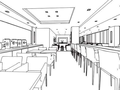 Interior outline sketch drawing perspective of a space office Stock Illustration