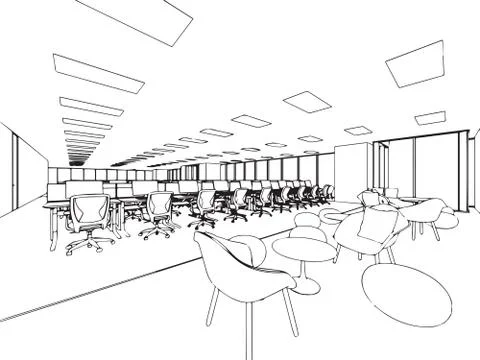 Interior outline sketch drawing perspective of a space office Stock Illustration