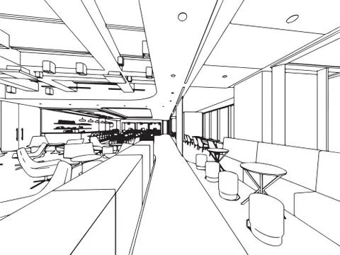 Interior outline sketch drawing perspective of a space office Stock Illustration