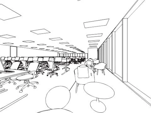 Interior outline sketch drawing perspective of a space office Stock Illustration