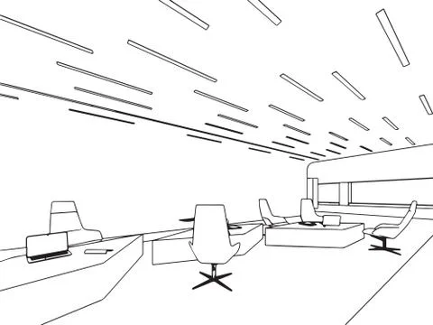 Interior outline sketch drawing perspective office Stock Illustration