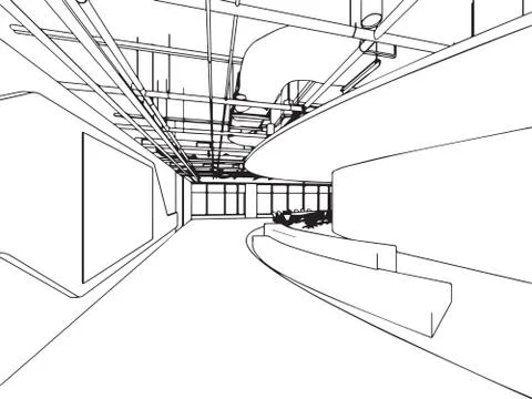 Interior outline sketch drawing perspective office Stock Illustration