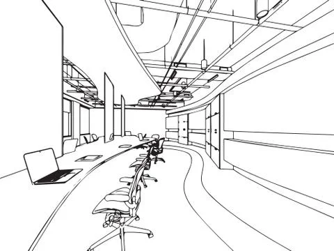 Interior outline sketch drawing perspective office Stock Illustration