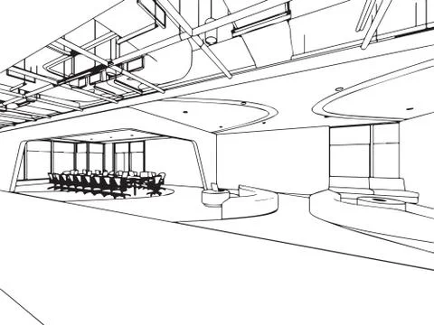 Interior outline sketch drawing perspective office Stock Illustration