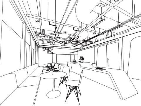 Interior outline sketch drawing perspective office Stock Illustration