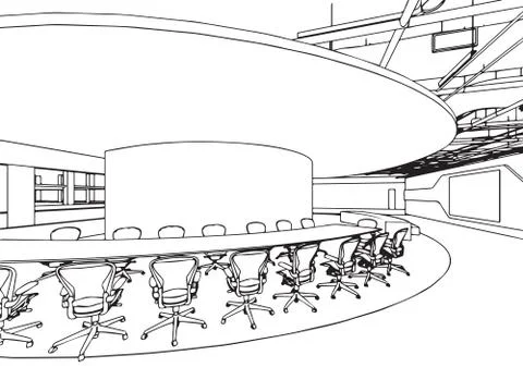 Interior outline sketch drawing perspective office Stock Illustration