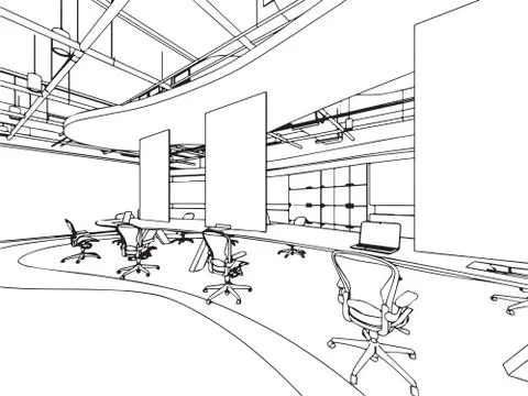 Interior outline sketch drawing perspective office Stock Illustration