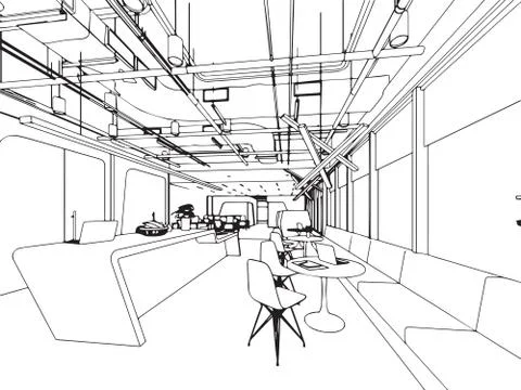 Interior outline sketch drawing perspective office Stock Illustration