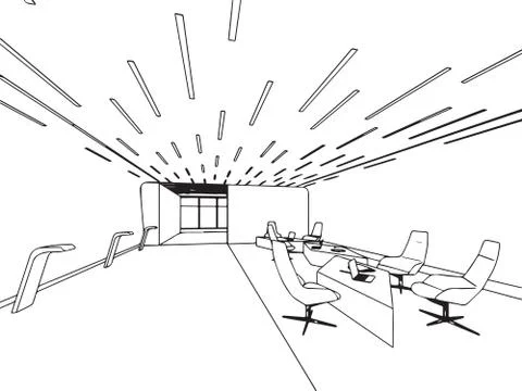 Interior outline sketch drawing perspective office Stock Illustration