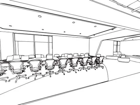 Interior outline sketch drawing perspective office Stock Illustration