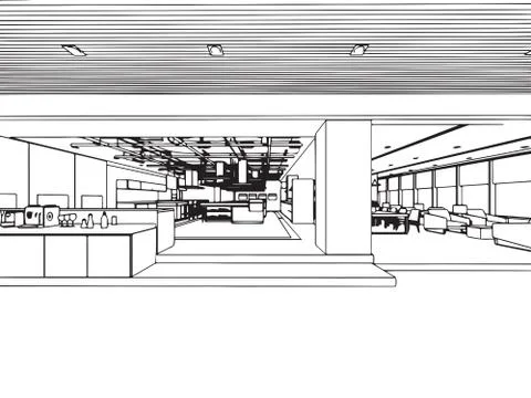 Interior outline sketch drawing perspective office Stock Illustration