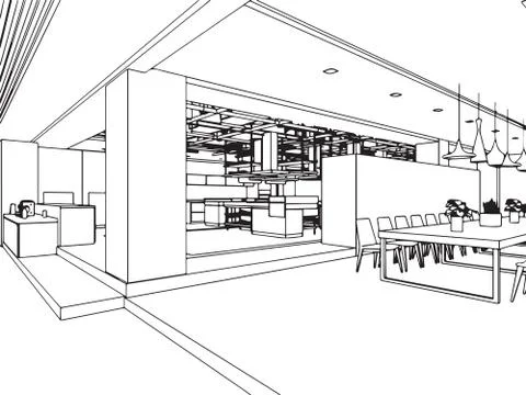 Interior outline sketch drawing perspective office Stock Illustration
