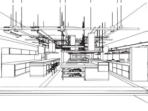 Interior outline sketch drawing perspective office Stock Illustration
