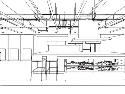 Interior outline sketch drawing perspective office Stock Illustration