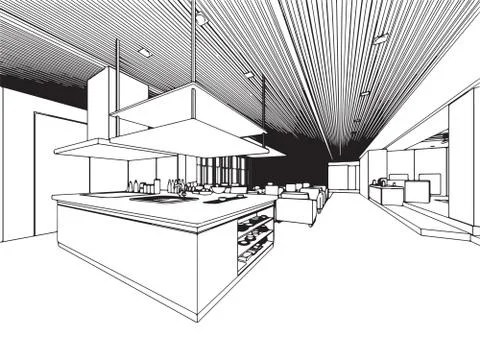 Interior outline sketch drawing perspective office Stock Illustration