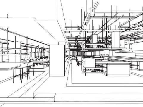 Interior outline sketch drawing perspective office Stock Illustration