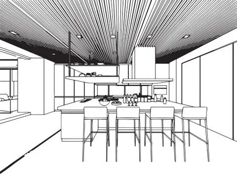 Interior outline sketch drawing perspective office Stock Illustration