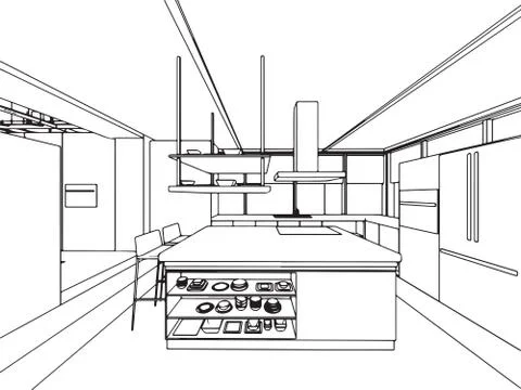 Interior outline sketch drawing perspective office Stock Illustration