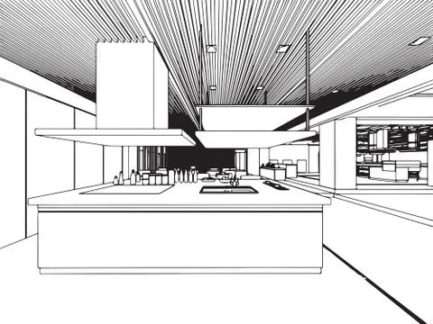 Interior outline sketch drawing perspective office Stock Illustration