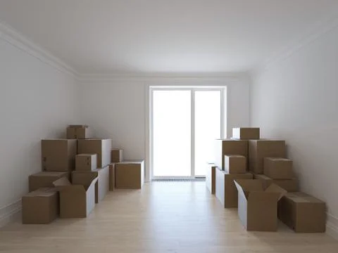Interior with packed cardboard boxes for moving to a new place. 3d image Stock Illustration