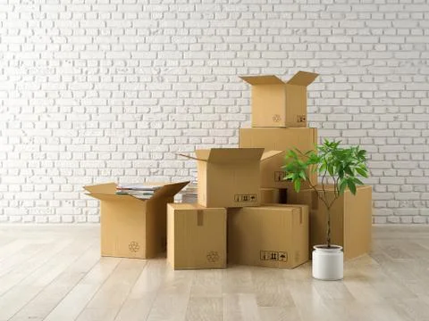 Interior with packed cardboard boxes for relocation 3D rendering Illustrazione stock