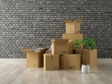 Interior with packed cardboard boxes for relocation 3D rendering Illustrazione stock